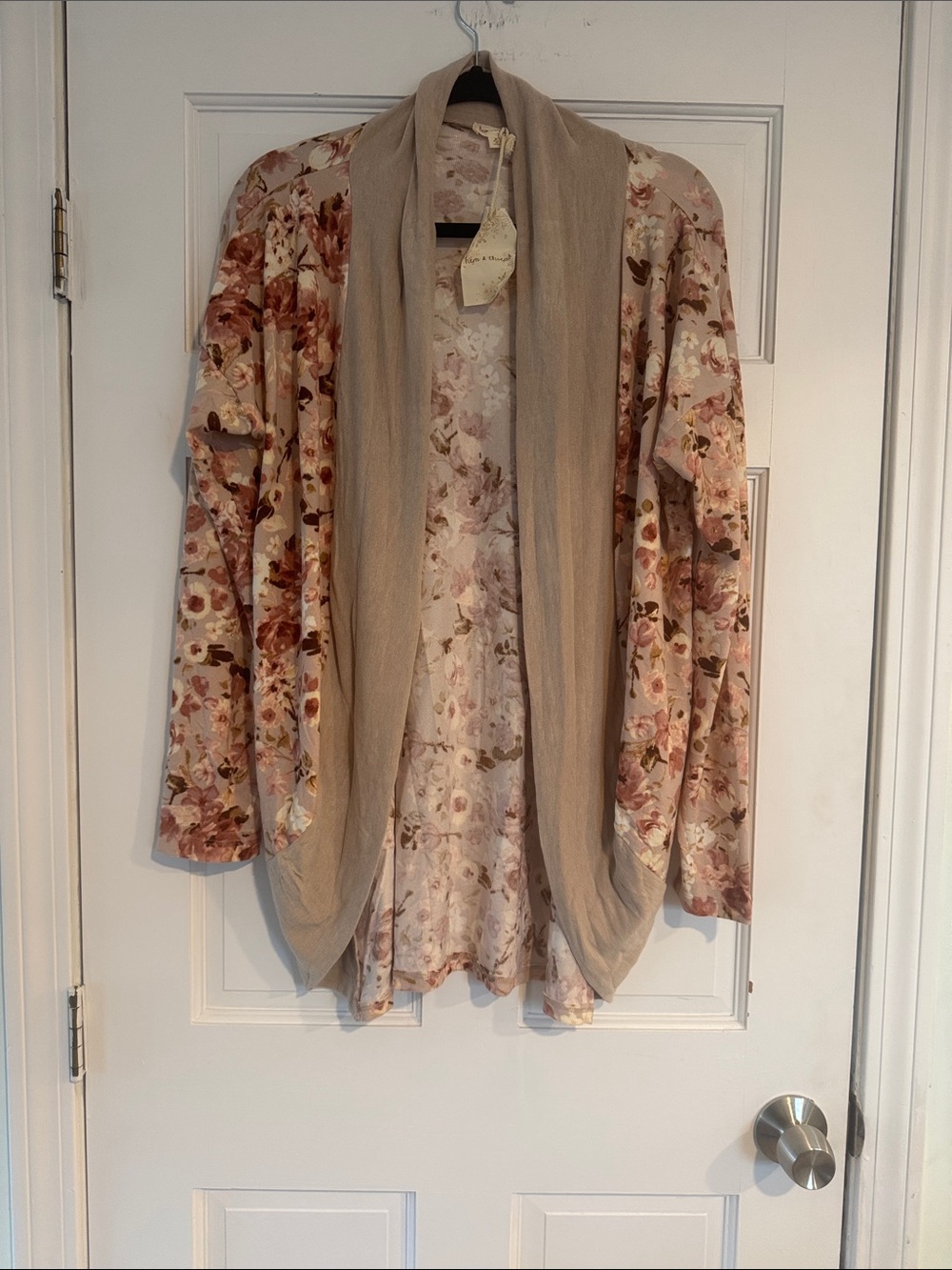 Women’s Floral Open Cardigan Sweater in Beige and Rose. Hem and Thread size med.